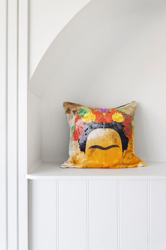 Mexican Painter Pillow Case, Frida Floral Decorative Cushion, Mexican Painter Art Garden Country Cushion Cover - Mustard Frida Face