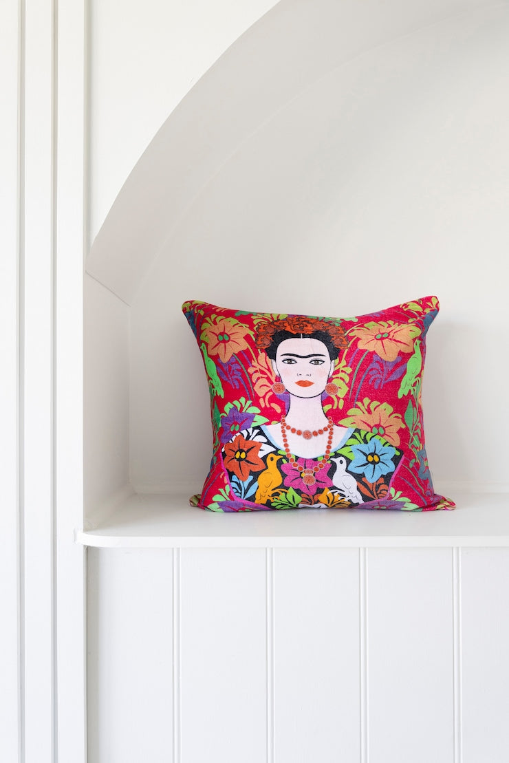 Mexican Painter Pillow Case, Frida Floral Decorative Cushion, Mexican Painter Art Garden Country Cushion Cover - Red Frida Face