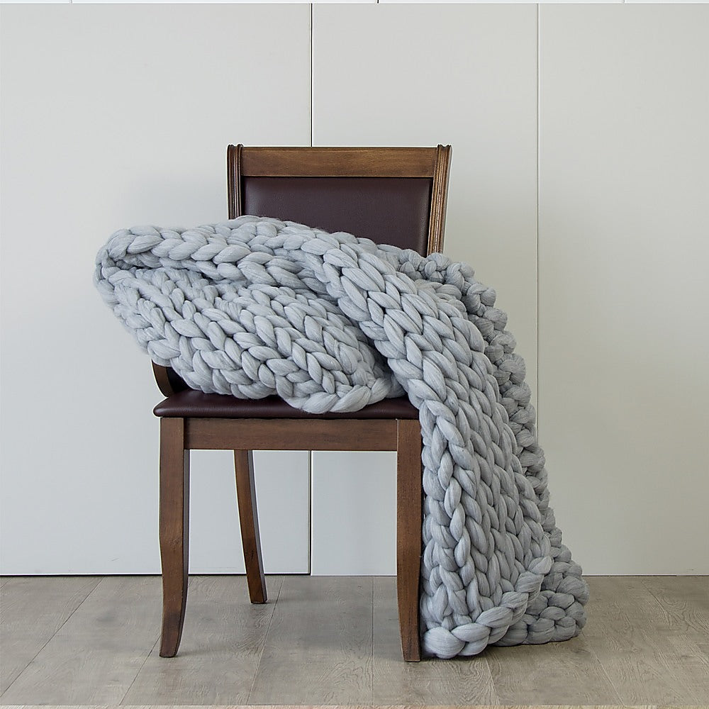 Hand Knitted Chunky Blanket Thick Acrylic Yarn Blanket Home Decor Throw Rug - Grey